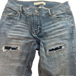 Cato Women's Jeans Size 8 Modern Blue Straight Distressed Patched Ripped 32x28.5